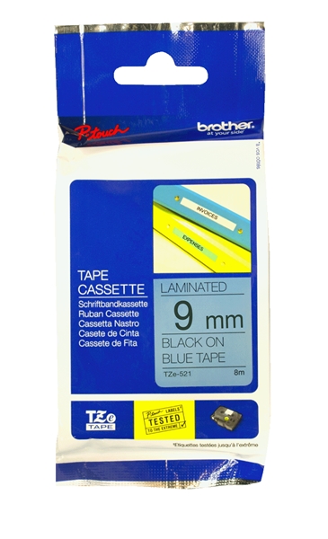 סרט למכשיר Ptouch ברוחב 9mm הדפסה בשחור על רקע כחול TZe-521